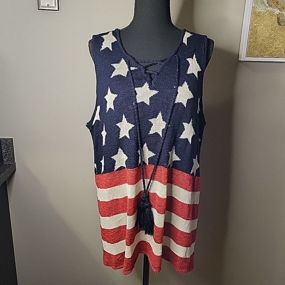 99 JANE STREET Women's Patriotic American Flag Knit Top Lace Up Tunic Sweater 1X